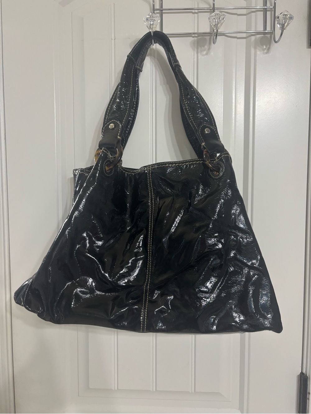 Vintage Fossil Glossy Black Patent Shoulder Bag with Double Handles
